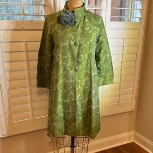 Elegant Vintage Green Floral Coat with Flower Accent